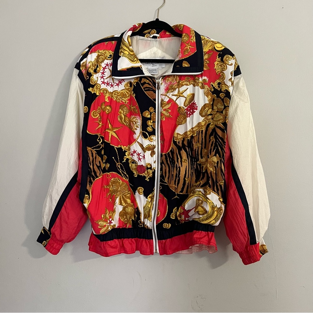 Vintage 1980s Rare Animal Print Gold Red Womens windbreaker bomber Jacket Size M